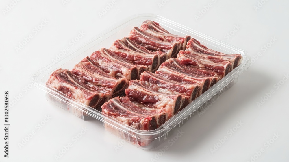Fototapeta premium Packaged lamb ribs in a plastic tray, arranged on a white background, perfect for retail display or gourmet meal planning.