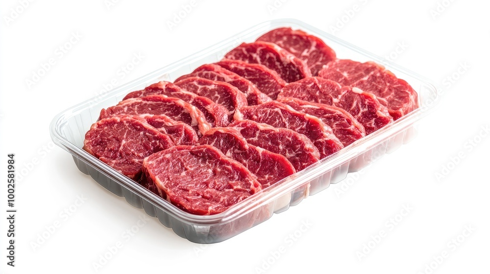 Pre-packaged horse meat slices arranged in a plastic tray, displayed on a clean white background, perfect for retail or gourmet meal preparations. Pre-packaged horse meat slices arranged in a plastic tray, displayed on a clean white background, perfect for retail or gourmet meal preparations.