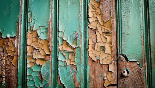 Peeling paint on an old door, focusing on the layers and texture.