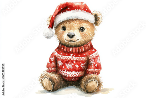 Watercolor illustration of a cute teddy bear wearing a red christmas sweater and a santa hat