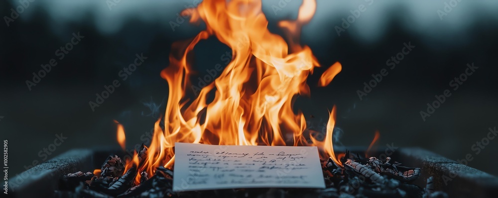 Obraz premium A vibrant flame dances above a piece of paper, creating a dramatic scene of fire and destruction in a dark setting.