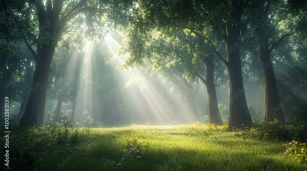 A tranquil forest at dawn, shrouded in mist A tranquil forest at dawn, shrouded in mist