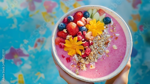Fototapeta Naklejka Na Ścianę i Meble -  Colorful smoothie bowl topped with fresh fruits and granola beside a sparkling pool on a sunny day