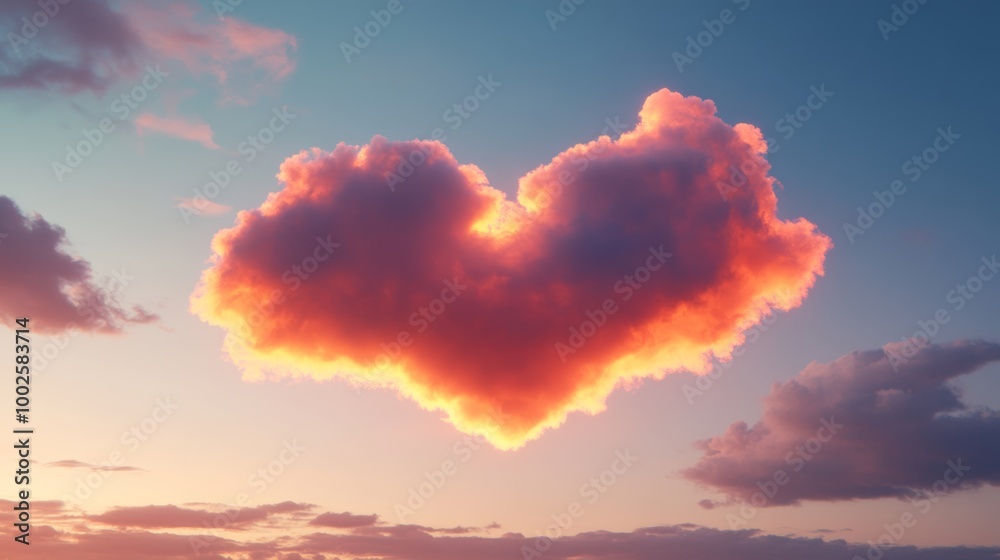 A warm twilight sky with a large cloud shaped like a love letter, softly illuminated by the fading light A warm twilight sky with a large cloud shaped like a love letter, softly illuminated by the fading light