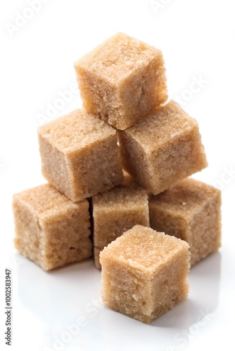 Set of brown sugar cubes, isolated on white background