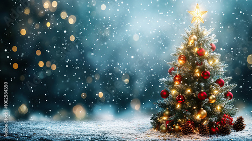 Christmas Tree with Golden Star and Sparkling Bokeh (christmas-tree)