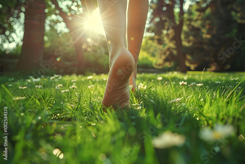 Barefoot journey in nature's morning light, walking through fresh grass and blooming daisies