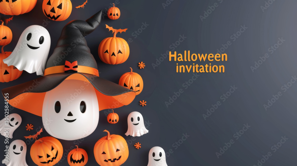 Obraz premium Halloween Invitation with Ghosts, Pumpkins, and Witch Hat