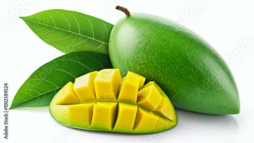 Wallpaper Mural Green mango with mango cube slices, isolated on a white background. Torontodigital.ca
