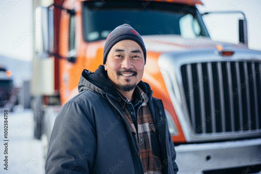 Smiling portrait of a middle aged Asian male truck driver Smiling portrait of a middle aged Asian male truck driver