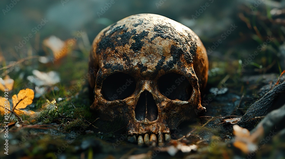 Human Skull in a Dark Forest: A Haunting Image of Nature's Cycle Human Skull in a Dark Forest: A Haunting Image of Nature's Cycle