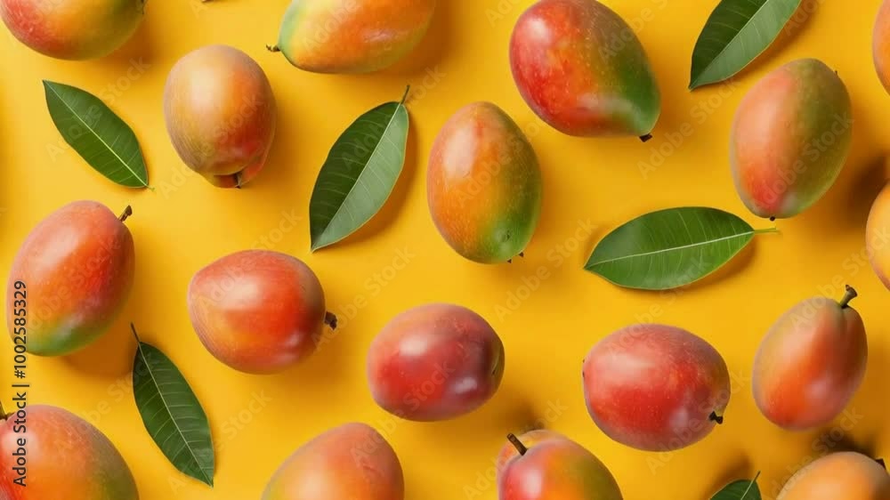 Mangoes with a leaf, isolated on a yellow table, flat lay.