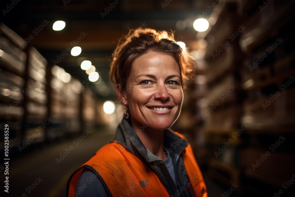 Fototapeta premium Portrait of a smiling middle aged female warehouse worker