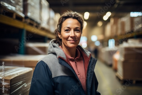 Portrait of a smiling middle aged female warehouse worker photo