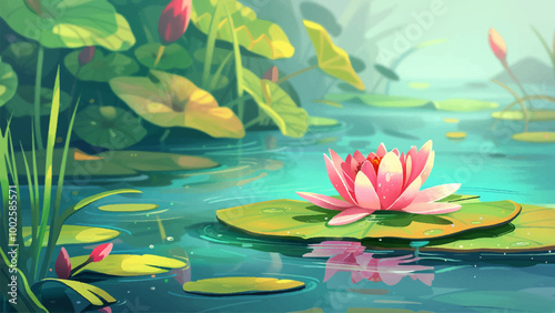 Vibrant Lily Pad With A Blooming Lily Flower Floating On Calm Water Simple Colors And Playful Details Create A Serene And Charming Water Cartoon Illustration