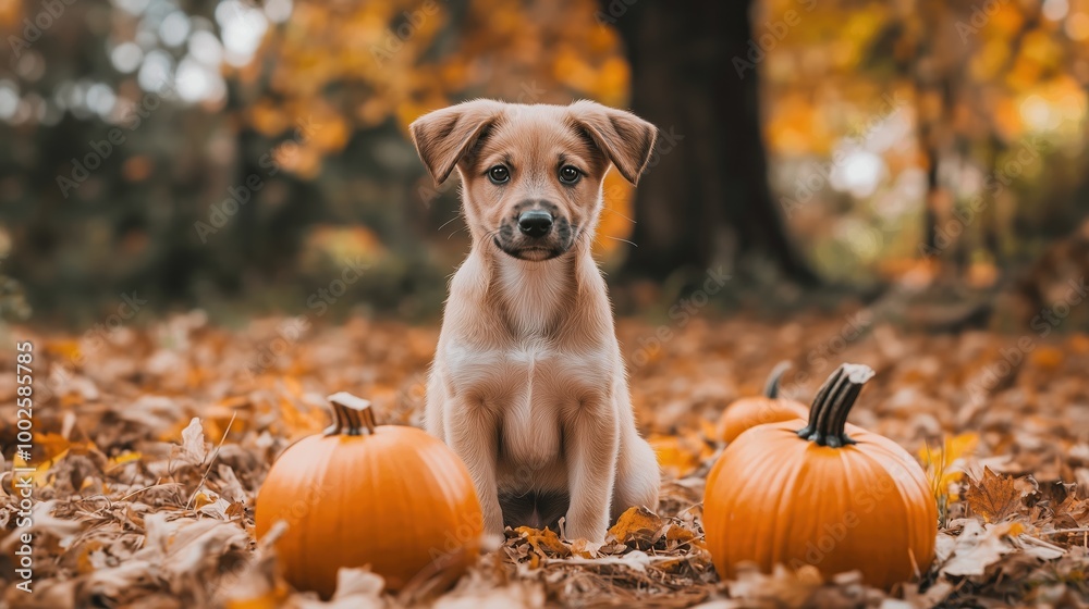 Puppy with Halloween pumpkins in an autumn woodland Puppy with Halloween pumpkins in an autumn woodland