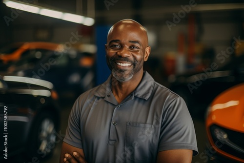 Smiling portrait of a middle aged African American car mechanic in workshop