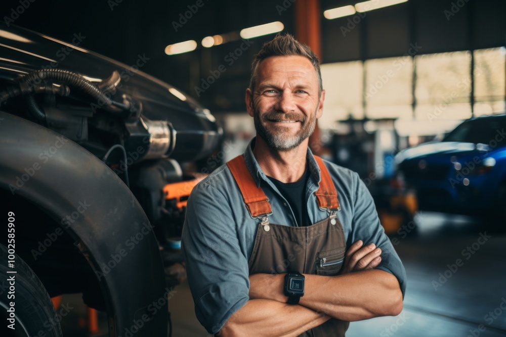 Smiling portrait of a middle aged Caucasian car mechanic in workshop Smiling portrait of a middle aged Caucasian car mechanic in workshop