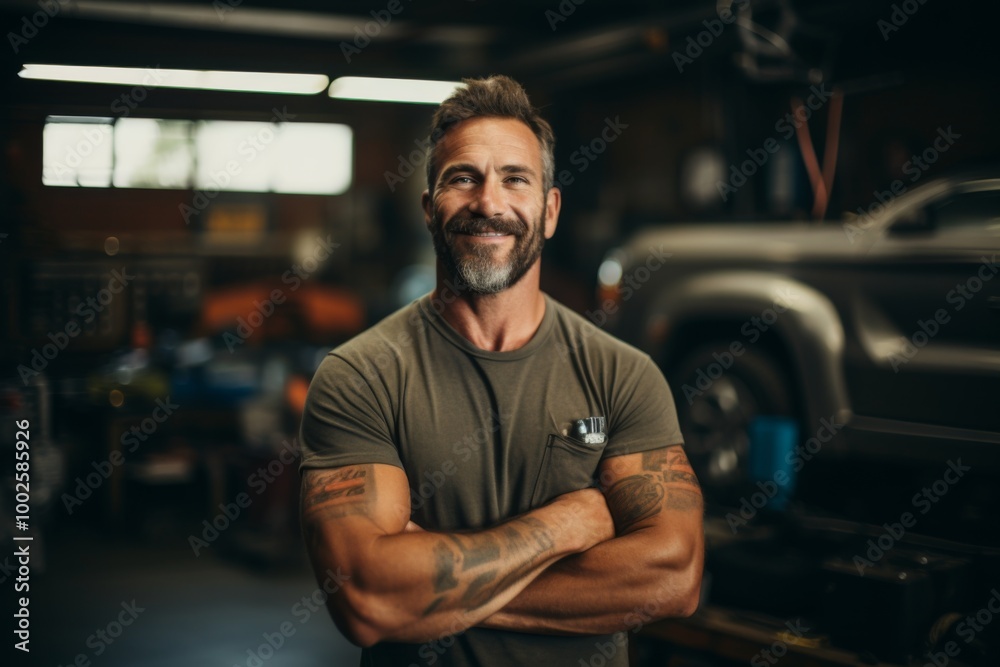 Smiling portrait of a middle aged Caucasian car mechanic in workshop Smiling portrait of a middle aged Caucasian car mechanic in workshop