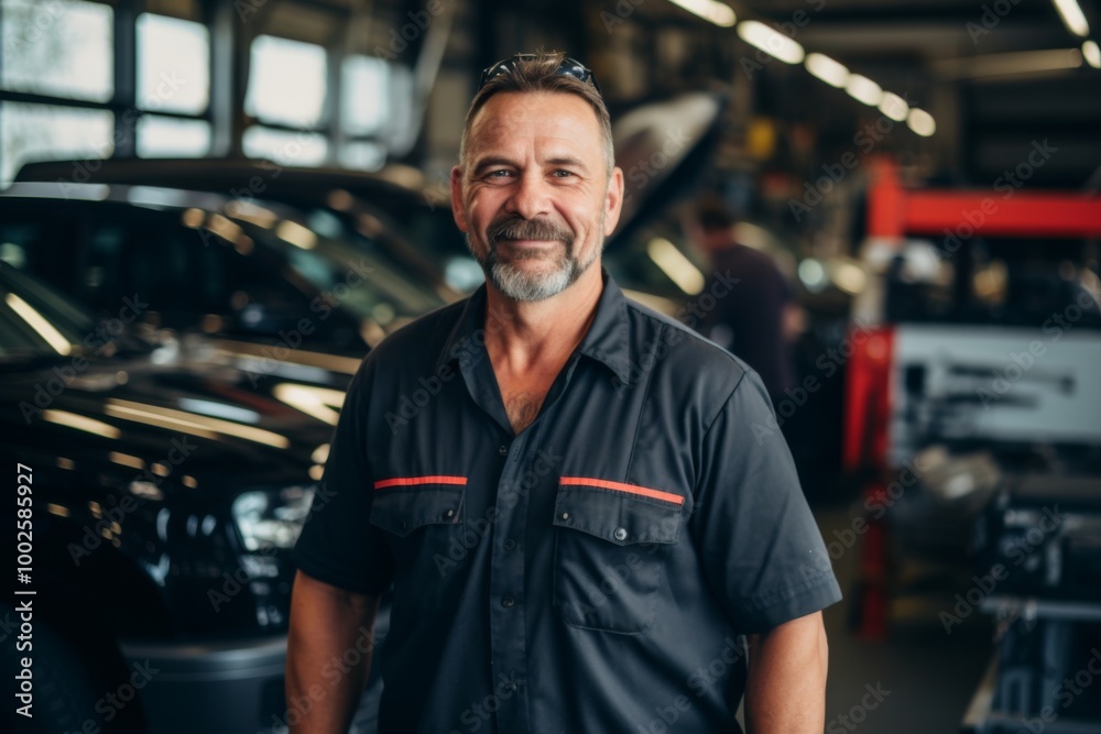 Smiling portrait of a middle aged Caucasian car mechanic in workshop Smiling portrait of a middle aged Caucasian car mechanic in workshop