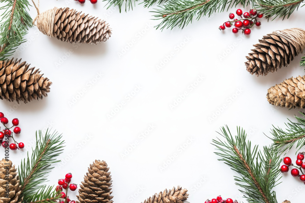 Christmas border composition made of pine cones, red berries and fir branches on white background with copy space Christmas border composition made of pine cones, red berries and fir branches on white background with copy space