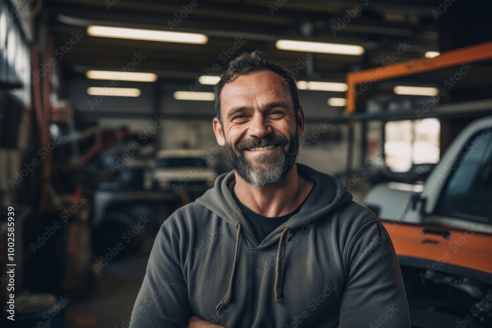 Smiling portrait of a middle aged Caucasian car mechanic in workshop Smiling portrait of a middle aged Caucasian car mechanic in workshop