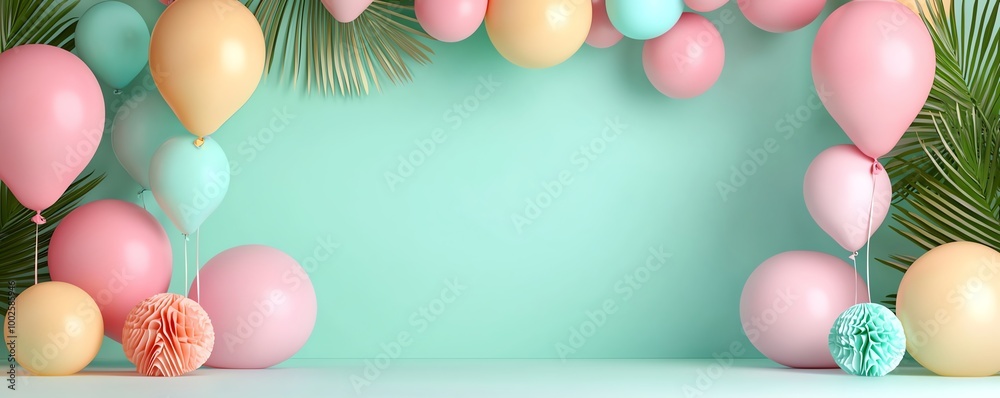 A cheerful background featuring pastel balloons and tropical leaves perfect for celebrations and events. A cheerful background featuring pastel balloons and tropical leaves perfect for celebrations and events.