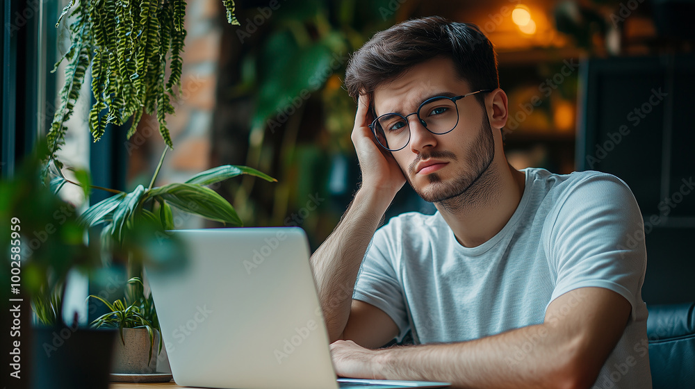 A serious and young man is sitting in the office at a desk with a laptop, holding his head with his hand and looking ahead in concentration A serious and young man is sitting in the office at a desk with a laptop, holding his head with his hand and looking ahead in concentration
