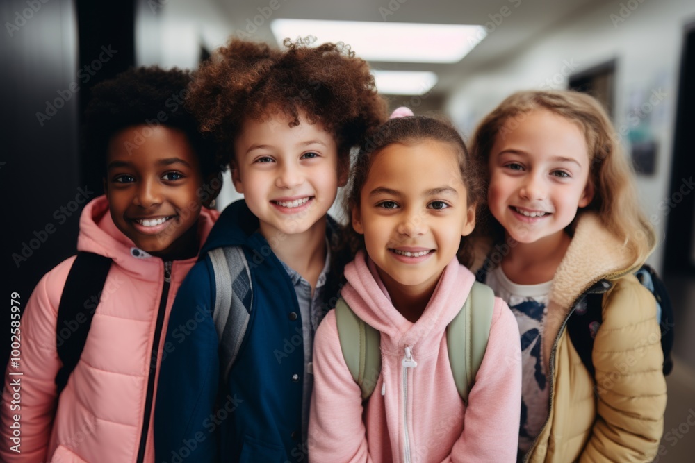 Portrait of a smiling group of young students kids in school hallway Portrait of a smiling group of young students kids in school hallway