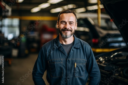 Smiling portrait of a middle aged Caucasian car mechanic in workshop