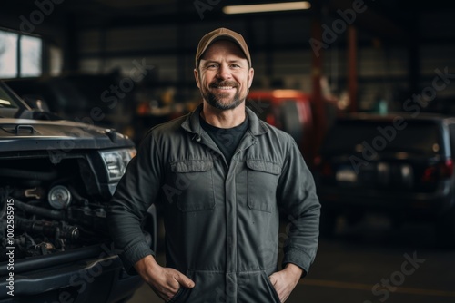 Smiling portrait of a middle aged Caucasian car mechanic in workshop