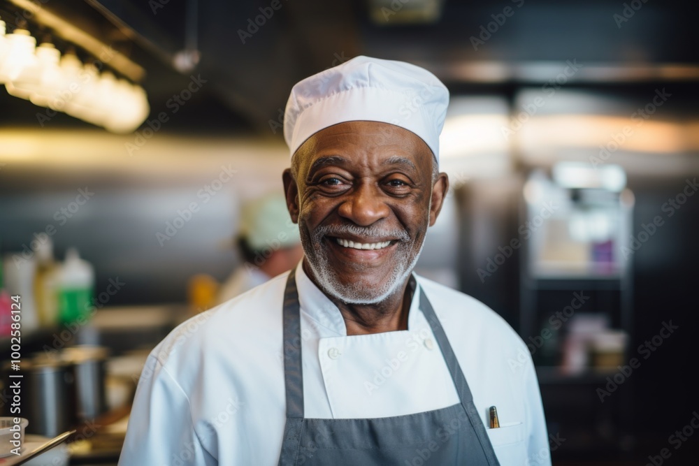 Smiling portrait of a senior male chef in professional kitchen Smiling portrait of a senior male chef in professional kitchen
