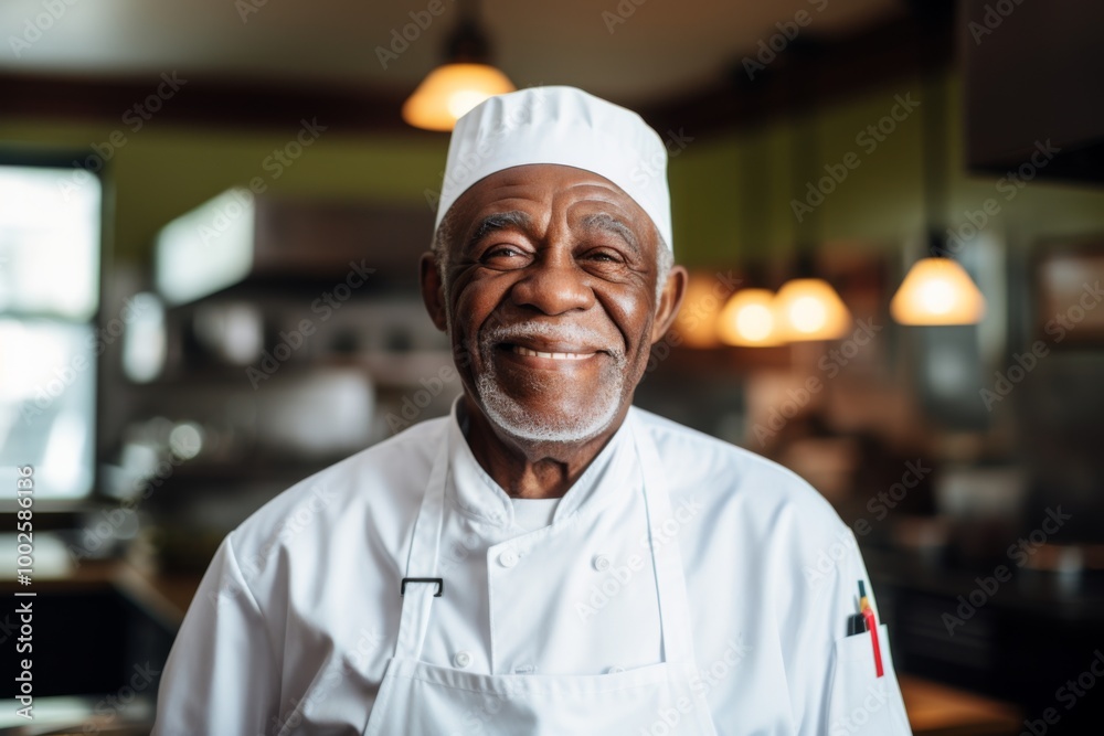 Smiling portrait of a senior male chef in professional kitchen Smiling portrait of a senior male chef in professional kitchen