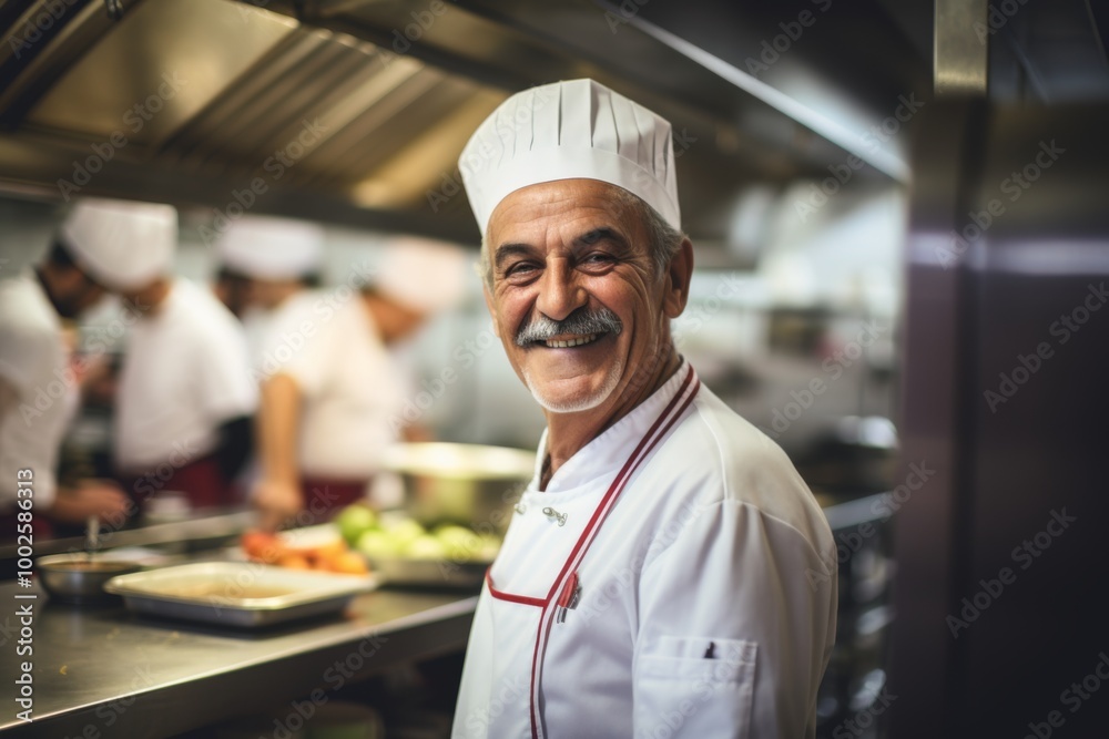 Smiling portrait of a senior male chef in professional kitchen Smiling portrait of a senior male chef in professional kitchen