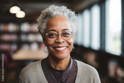 Smiling portrait of a African American female senior professor in library