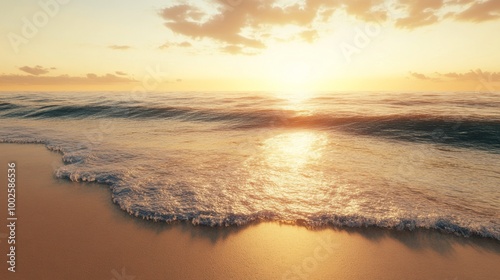 Golden beach at twilight, clear waves washing ashore