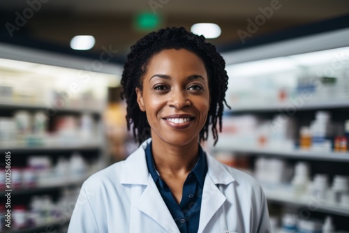 Smiling portrait of a middle aged African American female pharmacist in pharmacy