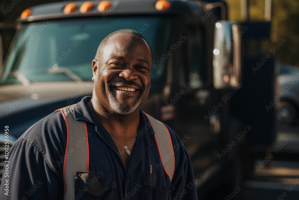 Smiling portrait of a middle aged African American male truck driver Smiling portrait of a middle aged African American male truck driver