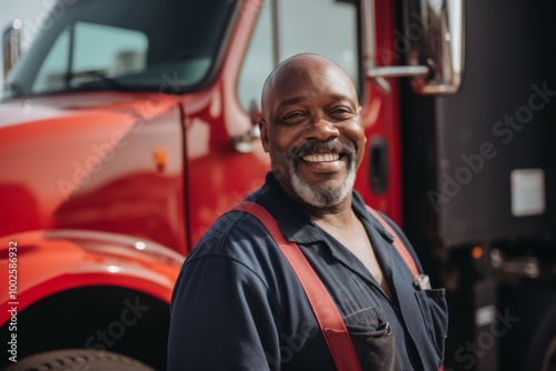 Smiling portrait of a middle aged African American male truck driver