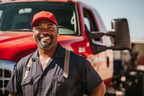 Smiling portrait of a middle aged African American male truck driver