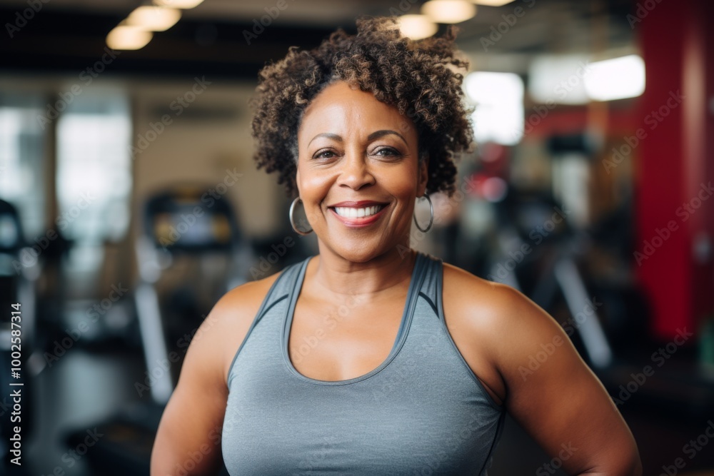Smiling portrait of a slightly overweight African American woman in gym Smiling portrait of a slightly overweight African American woman in gym