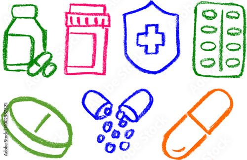 Pills Medicine Related Icons Crayon Chalk Drawing
