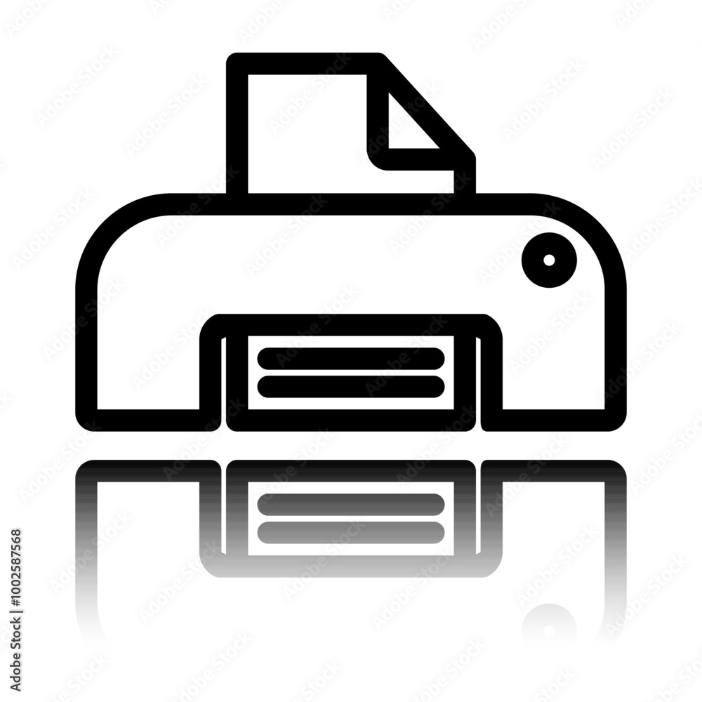 Printer, print simple icon. Flat design. Black icon with mirror reflection. White background Printer, print simple icon. Flat design. Black icon with mirror reflection. White background