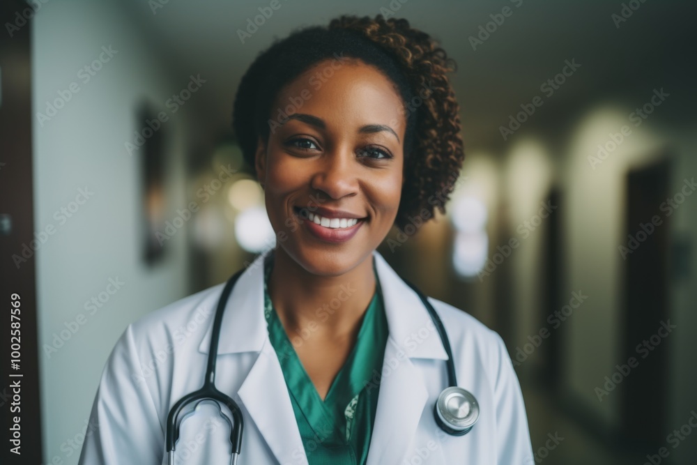 Smiling portrait of a middle aged African American female doctor in hospital Smiling portrait of a middle aged African American female doctor in hospital