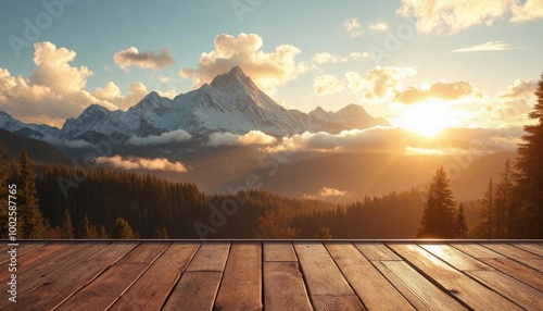 Serene mountain vista with empty wooden deck, perfect for showcasing outdoor products