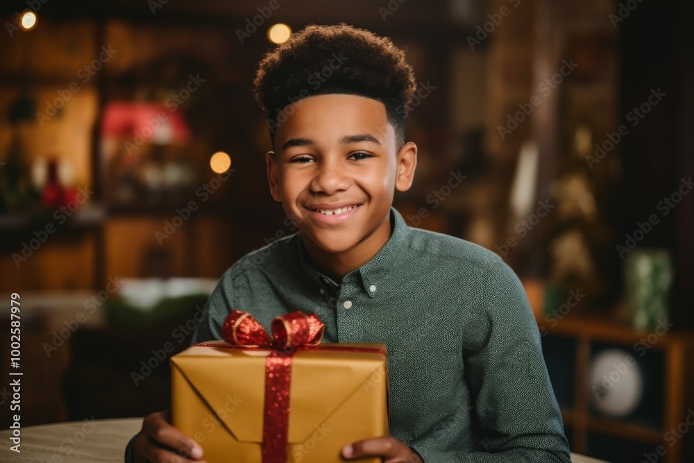 Smiling portrait of a young African American boy holding Christmas present Smiling portrait of a young African American boy holding Christmas present