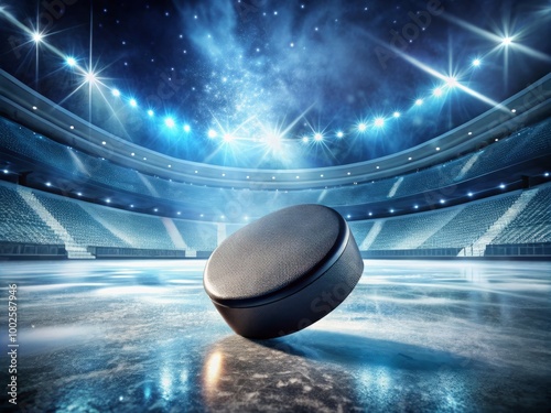 Hockey puck gliding across an ice hockey rink surface ready for an exciting game or practice session photo