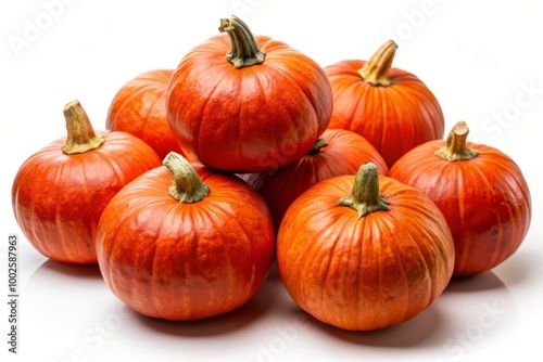 Hokkaido Pumpkins Red Kuri Group on White Background Fresh Organic Vegetables Autumn Harvest Decor