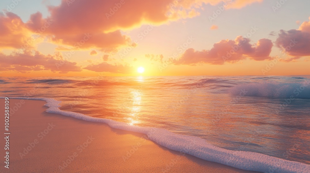 Sunset over a pristine beach, bright orange and pink sky reflecting on calm sea Sunset over a pristine beach, bright orange and pink sky reflecting on calm sea