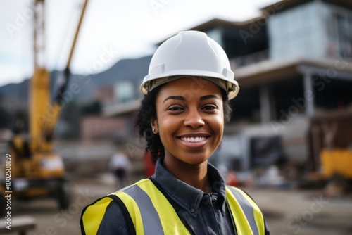 Smiling portrait of a young female African American architect on construction site